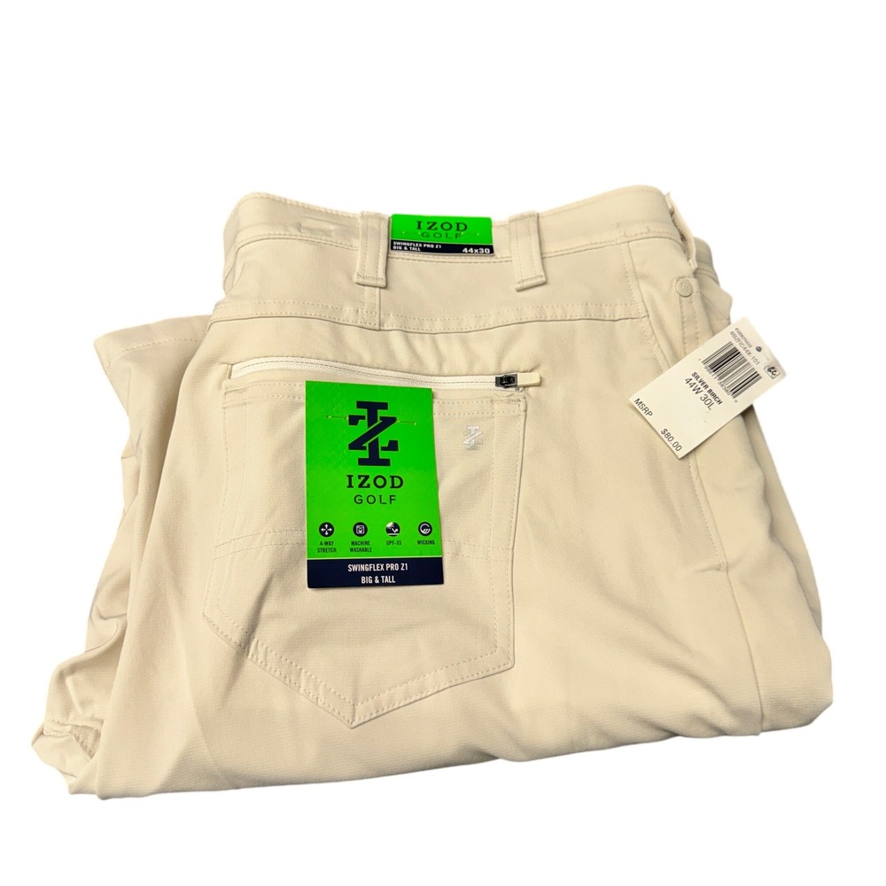 IZOD Golf Pants Mens 44x30 Swingflex Pro Z1 Silver Birch Cream Performance NEW